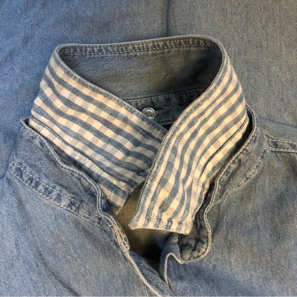 Boho Western Denim Button Up Shirt  Reversable Embroidered Flower Plaid Collar - Picture 5 of 8